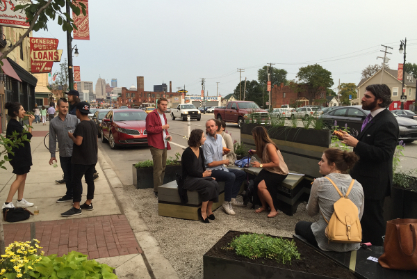 People enjoying the Michigan Avenue parklet