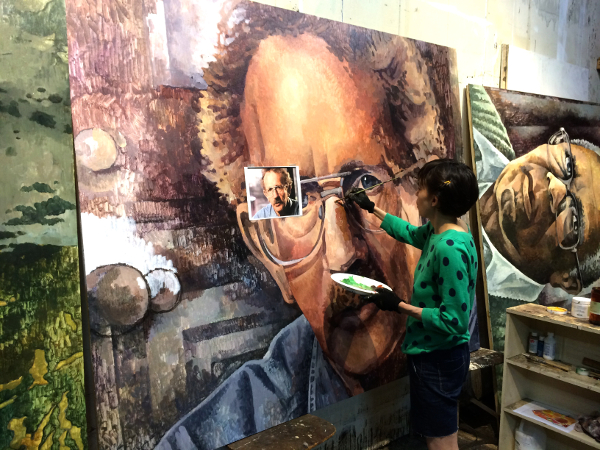 Nicole Macdonald working on her portrait of Philip Levine