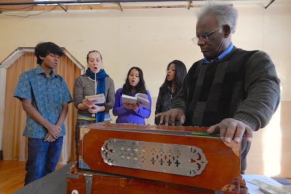 Bangla School of Music rehearsal at the Play House: (left to right) Maruf Sourav, Liza Bielby, Mumbi Roy, Ahana Roy and Akram Hossein