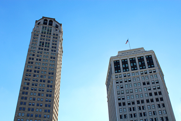 Old friends: The Broderick Tower (left) and the David Whitney Building
