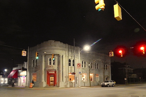 Bank Suey at night, intersection of Jos. Campau and Caniff