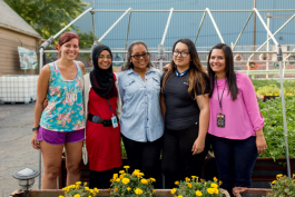 The Mercy Mignight Storm Robotics Team. From left to right, mentors Rachel Aptowitz and Nada Alhamdi, students Brianna Bryant and Kandis Chow, and Keysha Camps