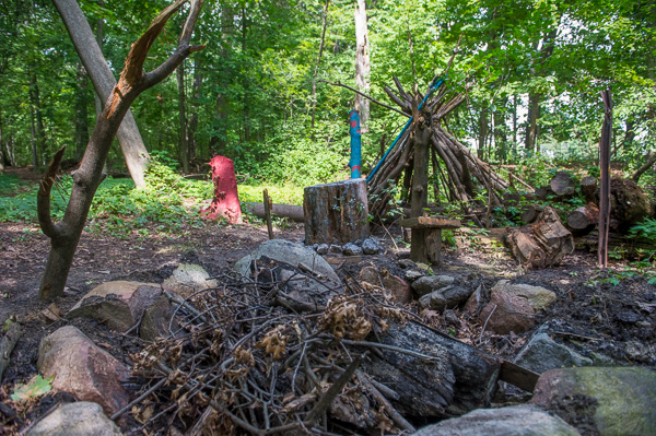 A fire ring and lean-to in one of the wooded areas of Palmer Park