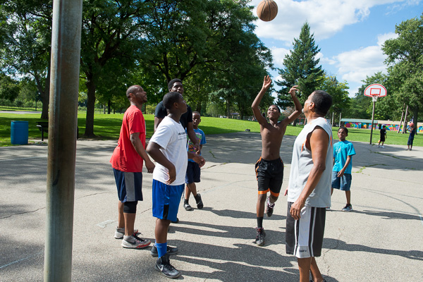 David Belfrey of Detroit takes a shot while playing basketball