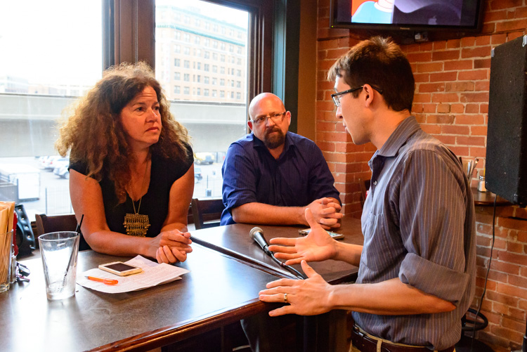 Jodee Raines (Erb Foundation) and Dean Hay (Greening of Detroit) mingle with attendees