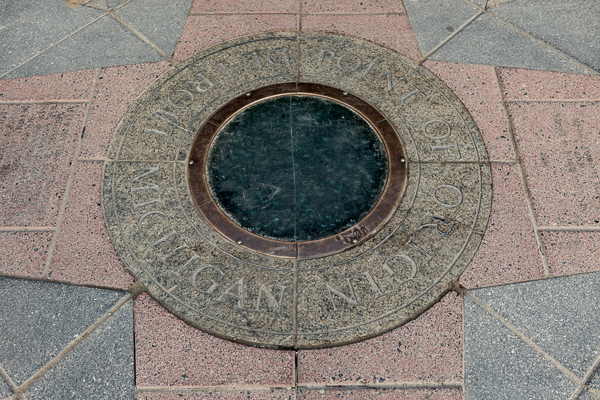 Michigan Avenue point of origin marker on Campus Martius