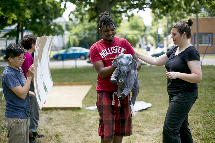 Carrie Morris works with puppeteer James Abbott during a rehearsal