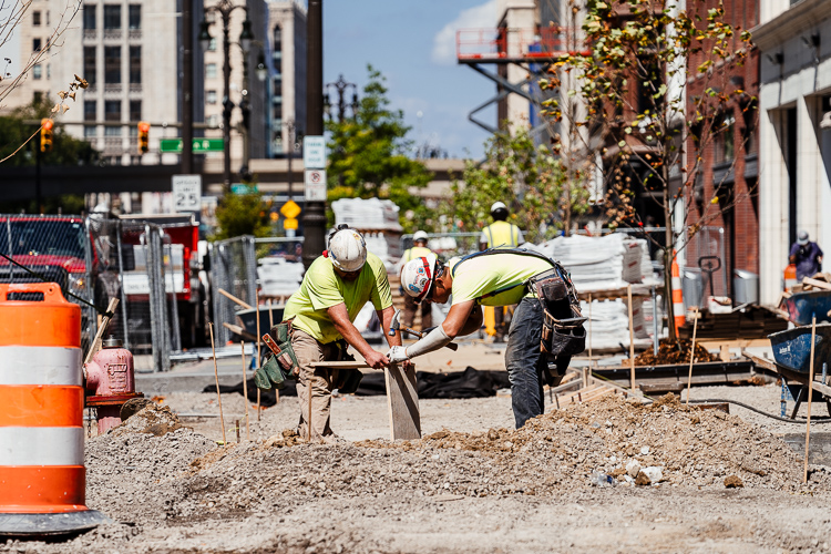 Construction workers near the Shinola Hotel