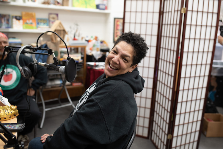 Lottie Spady smiles during a recording of Black Gold at KAN Books