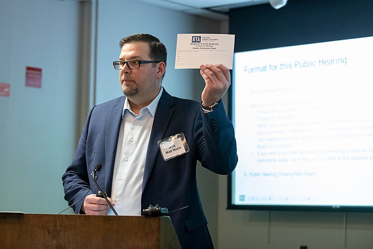 RTA COO Matt Webb leading the Detroit-Ann Arbor pilot express bus service meeting at the downtown Ann Arbor District Library Branch.