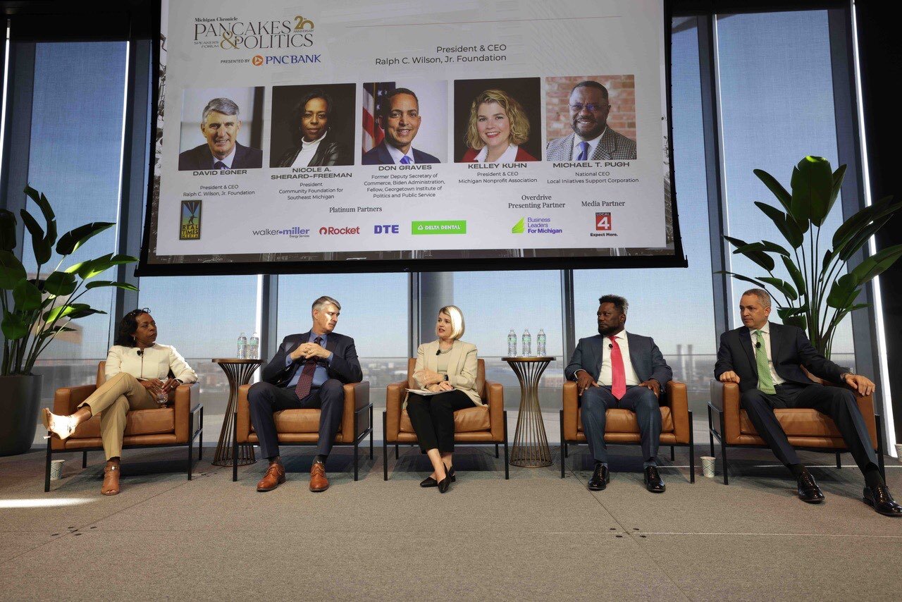 Kelley Kuhn (center) at Pancakes & Politics event, April 2025, Detroit