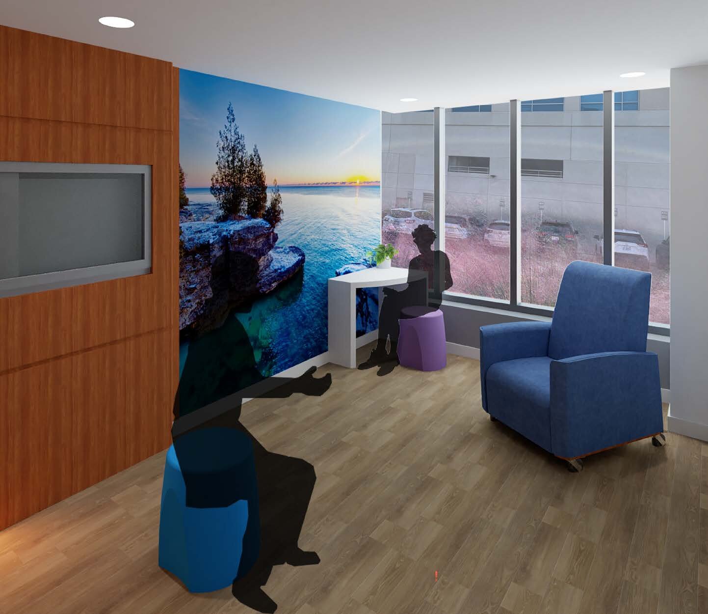 A rendering of the patient room at the forthcoming Behavioral Health Crisis Center in Grand Rapids.