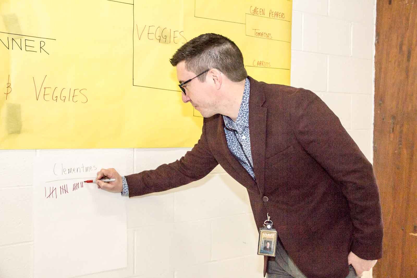 A Ring Lardner Middle School staffer records points for March Madness.