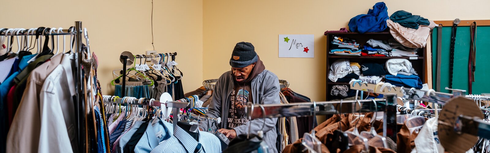 Don Lamarr, 64, looks through free clothing at FORC after getting out of prison a little over a year ago.